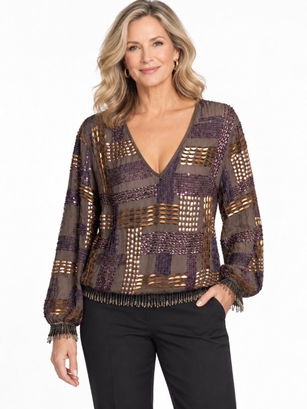 Conditions Apply Sz L Sequin Beaded V Neck Blouse Boho Glam Fringe Hem Top Party